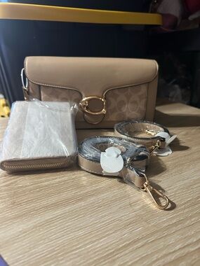 Beige Signature Leather Like Crossbody Bag with Gold Hardware/Matching Wallet